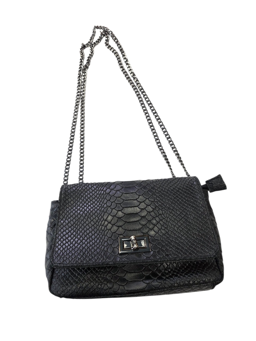 Leather Black Snake-Embossed Chain Shoulder flap Bag